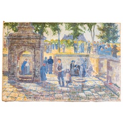 Antique French 1890s Oil Provençal Painting of a Social Gathering in Shades of Blue