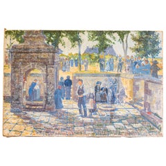 French 1890s Oil Provençal Painting of a Social Gathering in Shades of Blue