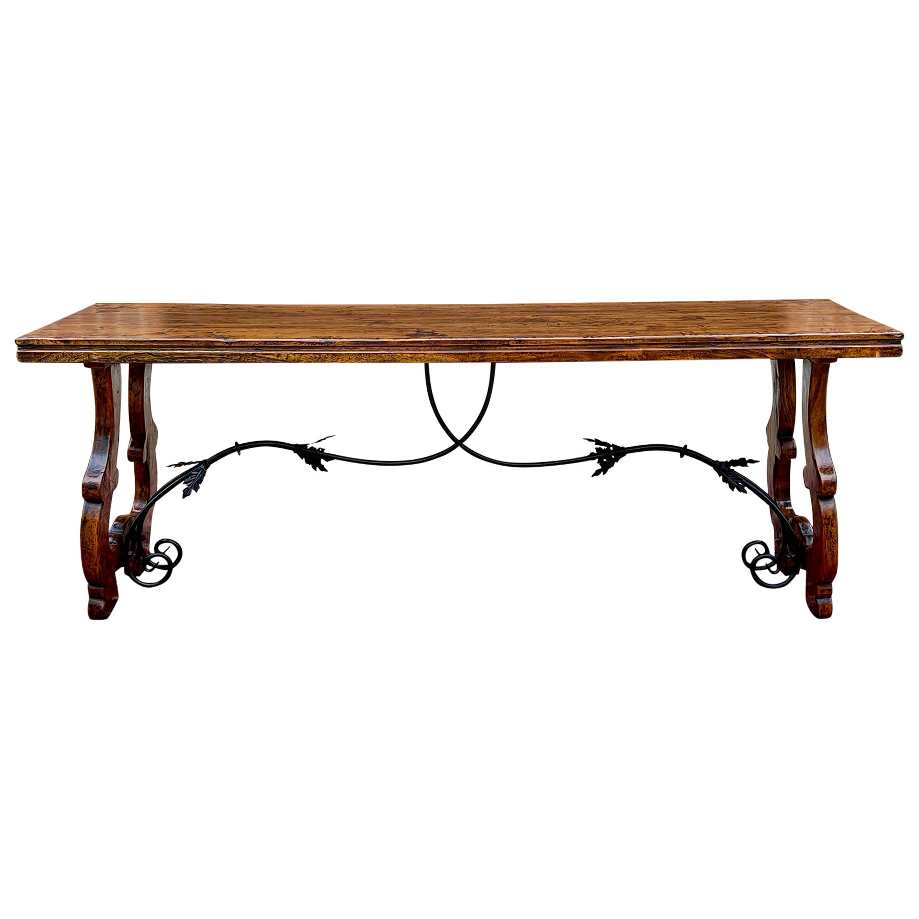 Mid-Century Spanish Catalan Table Sofa Hall Entry Console Table Oak Iron 82.5" W For Sale