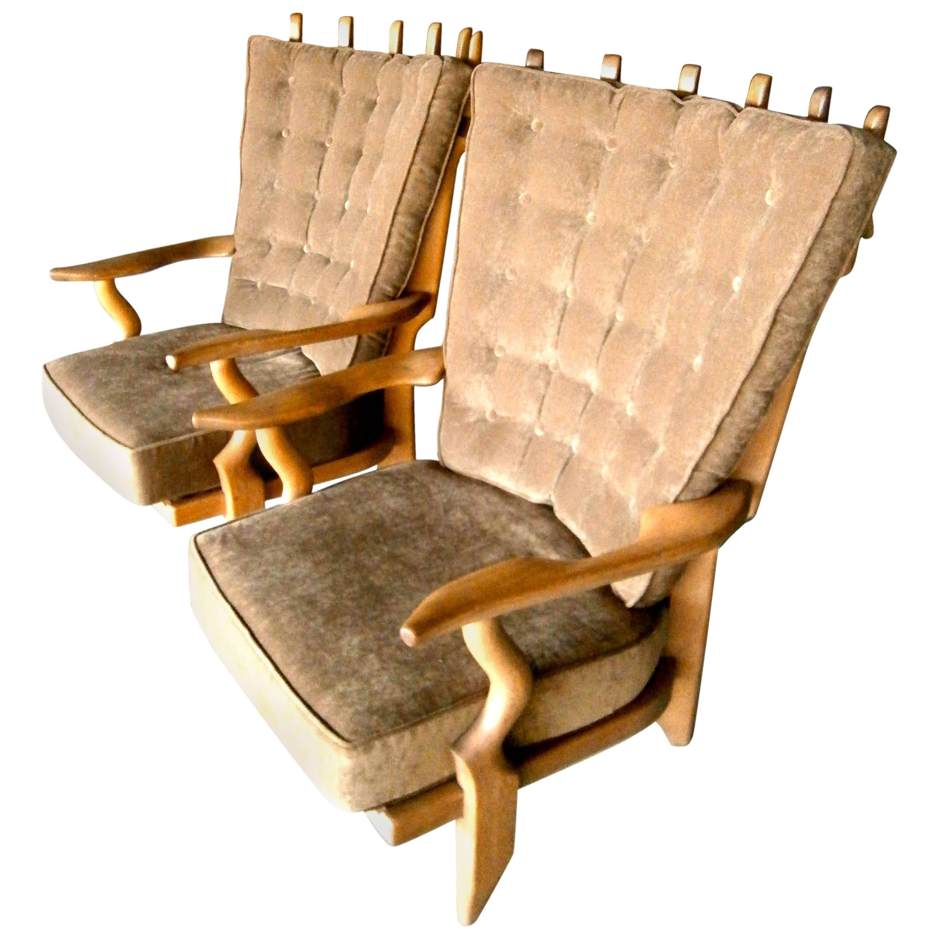 Dynamic Pair of Oak "Grand Repos" Chairs by Guillerme et Chambron C. 1960