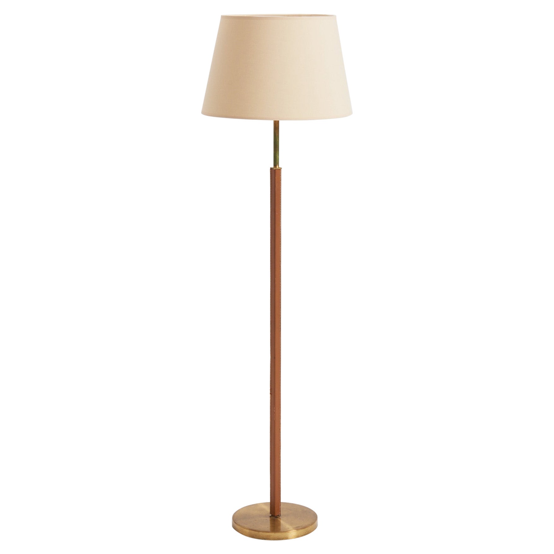 Brown Leather and Brass Floor Lamp For Sale