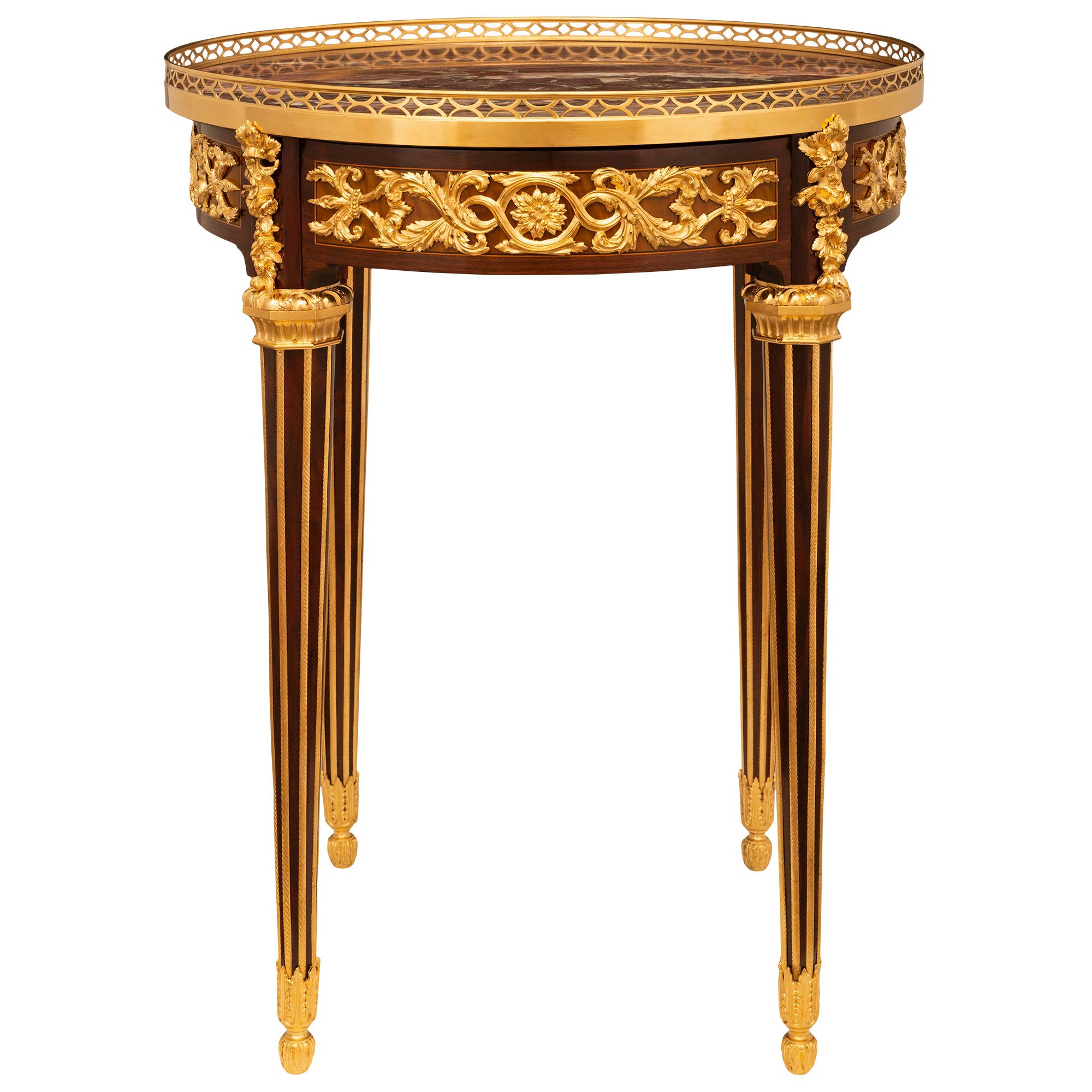 Table d'appoint française du 19ème siècle de style Louis XVI en acajou, marbre et bronze doré