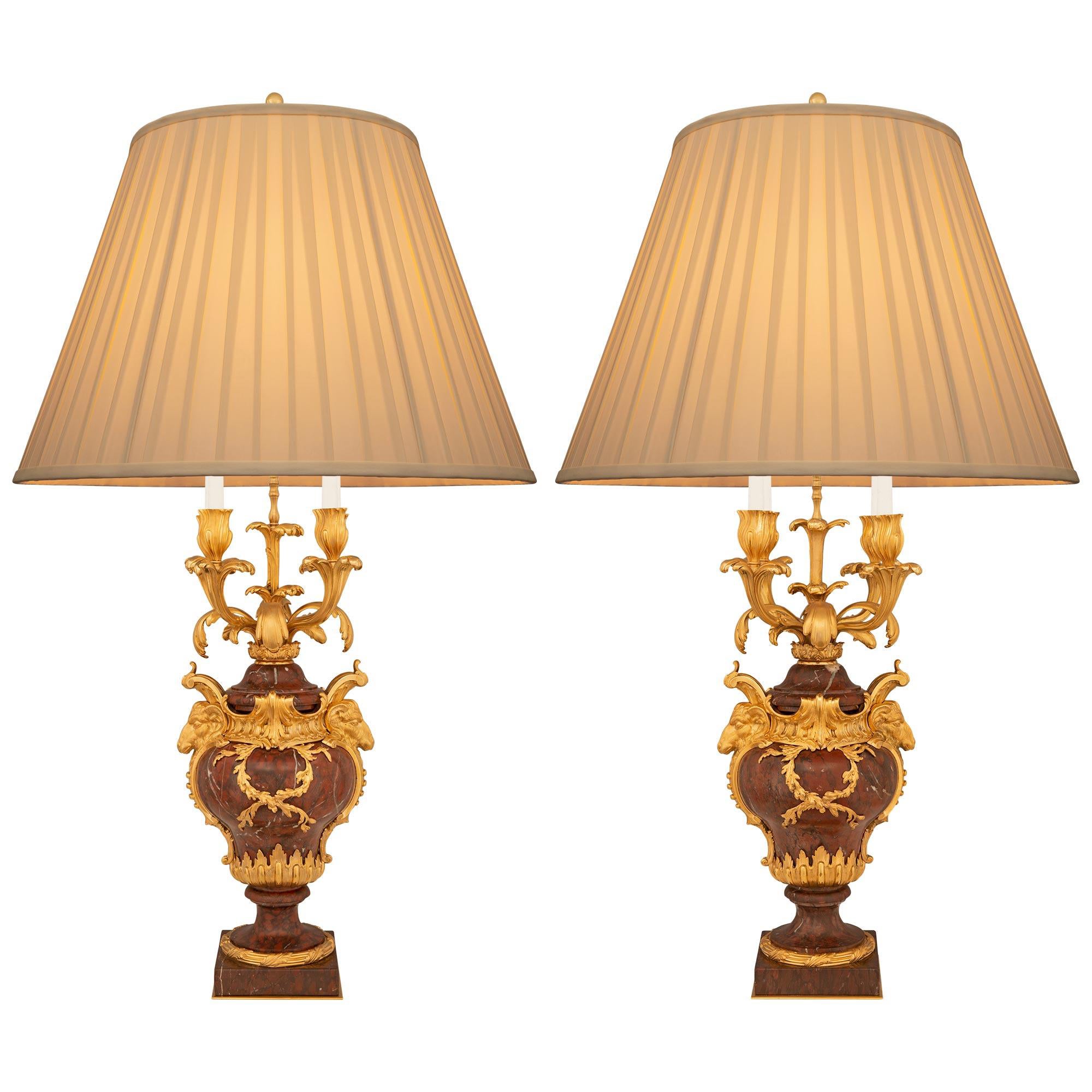 Pair Of French 19th Century Louis XV St. Marble And Ormolu Candelabra Lamps For Sale