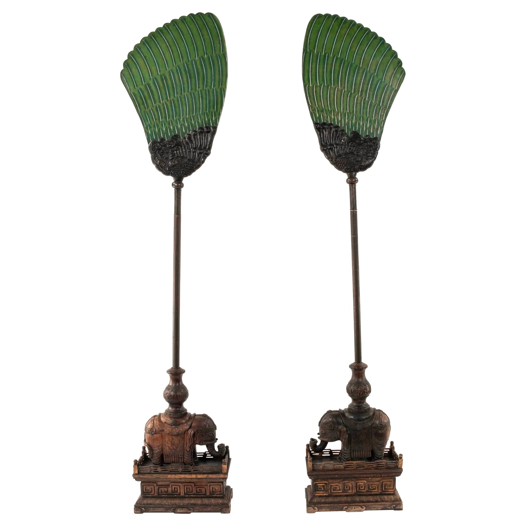 Pair 19th Century Chinese Carved Zitan Elephants Bronze Cloisonné Palm Fans For Sale