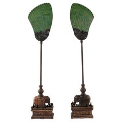 Antique Pair 19th Century Chinese Carved Zitan Elephants Bronze Cloisonné Palm Fans