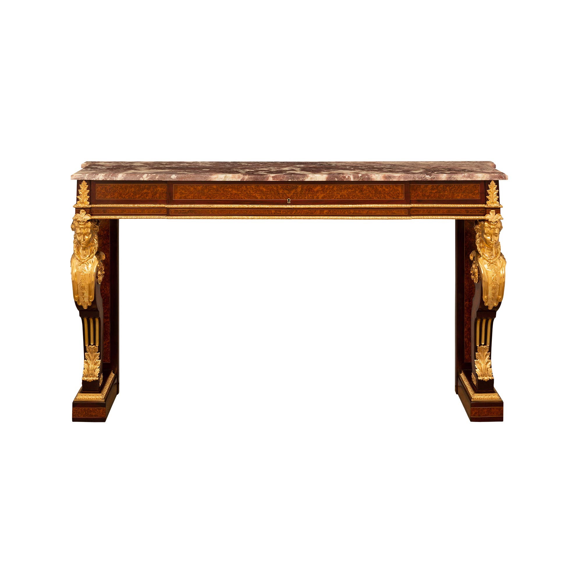 Console Louis XVI du XIXe siècle en bois de ronce, acajou, bronze doré et marbre en vente