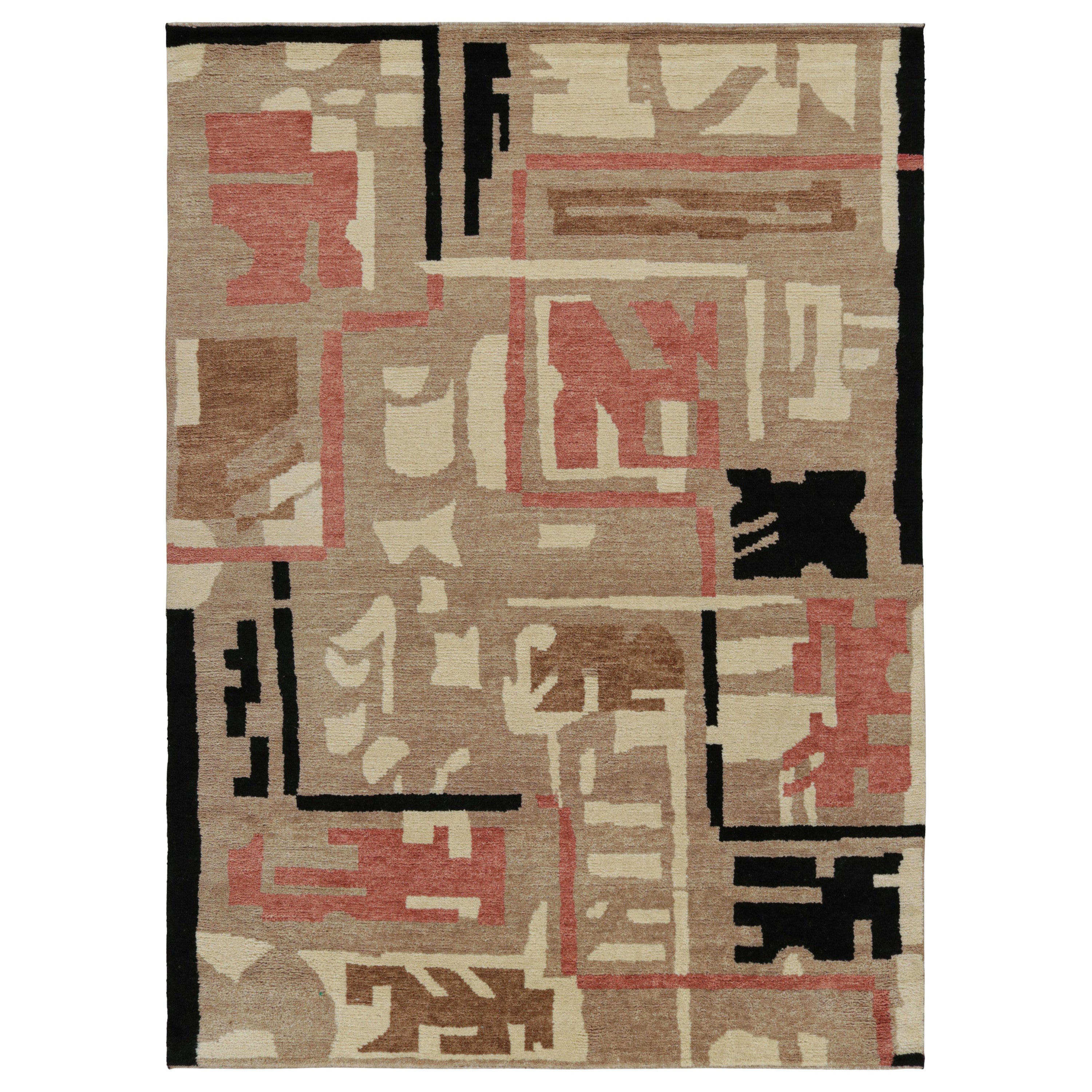 Rug & Kilim's French Style Art Deco rug in Brown, Red, White & Black Patterns (tapis de style français Art déco à motifs bruns, rouges, blancs et noirs) en vente