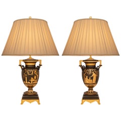 Paire de lampes en bronze, marbre et bronze doré d'époque French Belle Epoque du 19ème siècle