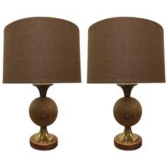 Pair of James Mont Style Cerused Oak Round Ball Lamps 