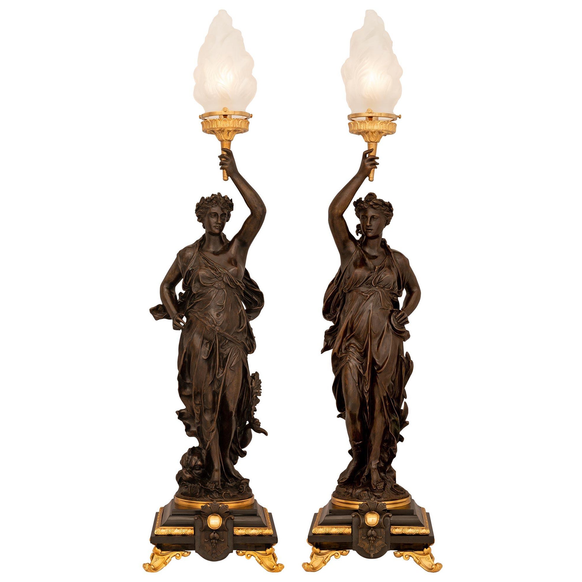 Pair Of French 19th c. Louis XVI St. Patinated Bronze, Marble, & Ormolu Lamps For Sale