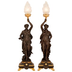 Pair Of French 19th c. Louis XVI St. Patinated Bronze, Marble, & Ormolu Lamps