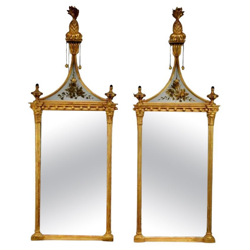 Pair of Early 19th Century Federal Hepplewhite Mirrors with Pineapple Finals For Sale