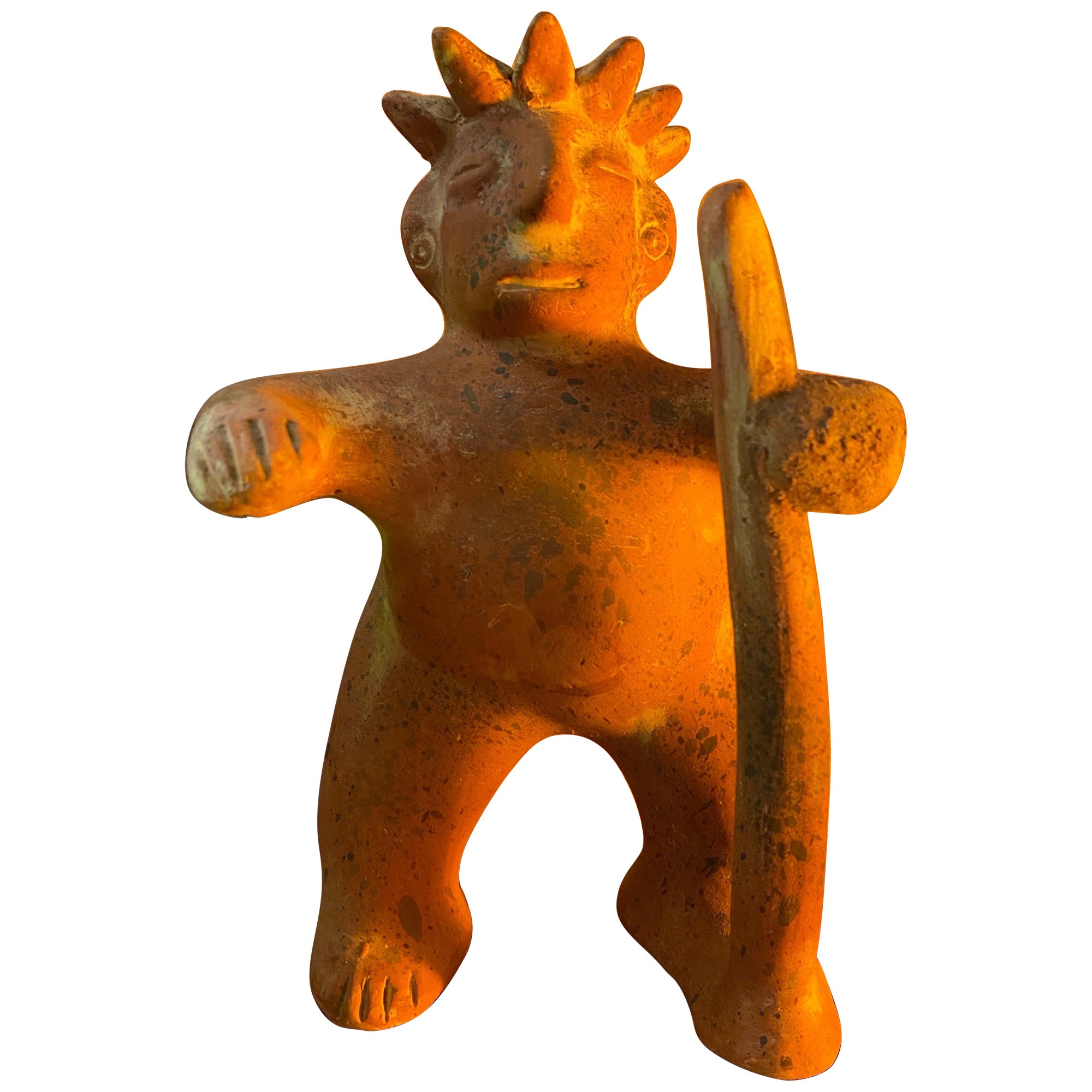 Vintage Small Pre-Columbian Style Terra Cotta Man with Walking Stick For Sale