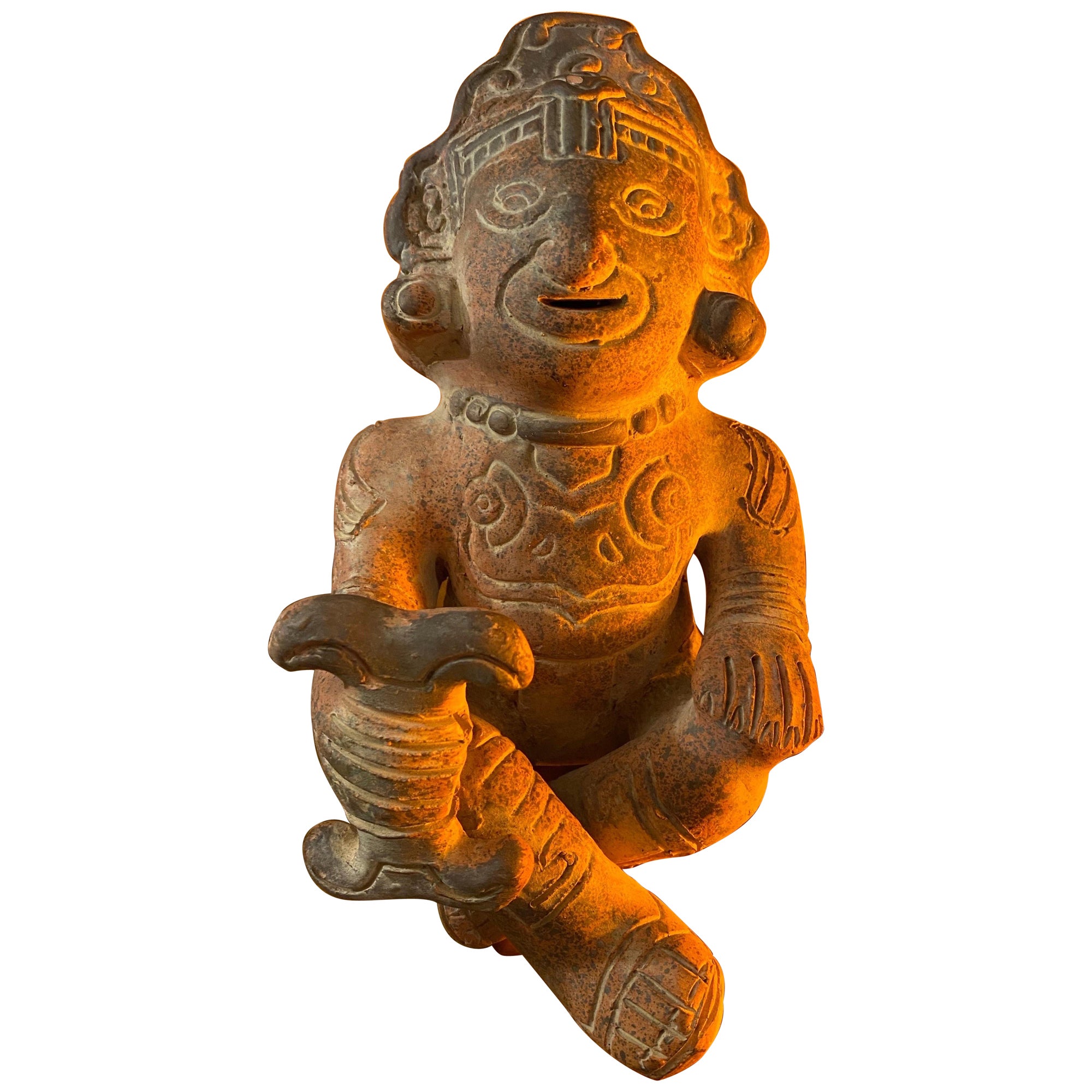 Vintage Small Cross-Legged Terra Cotta Statue of Xochipilli or Prince of Flowers For Sale