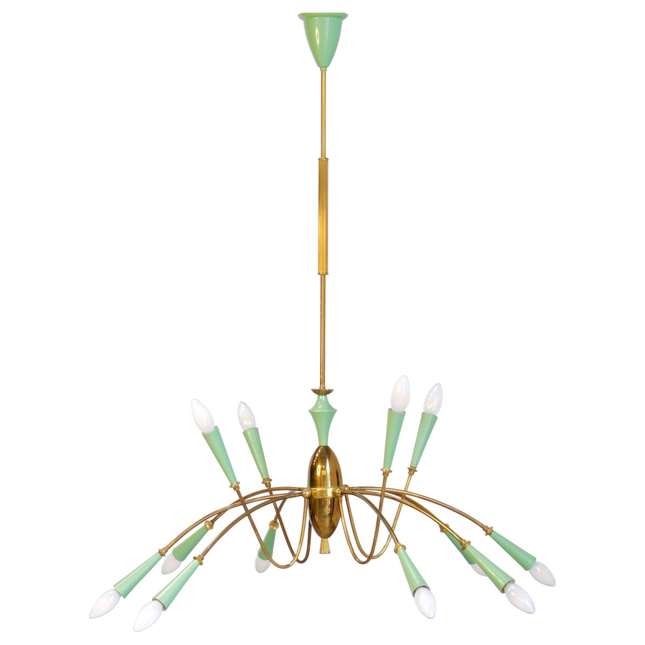 Extra Large 12-buIb Italian Mid Century Brass Chandelier, Oscar Torlasco Attr. For Sale