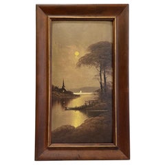 Used Original Framed Painting of Moon Overlooking Scenic Riverside.