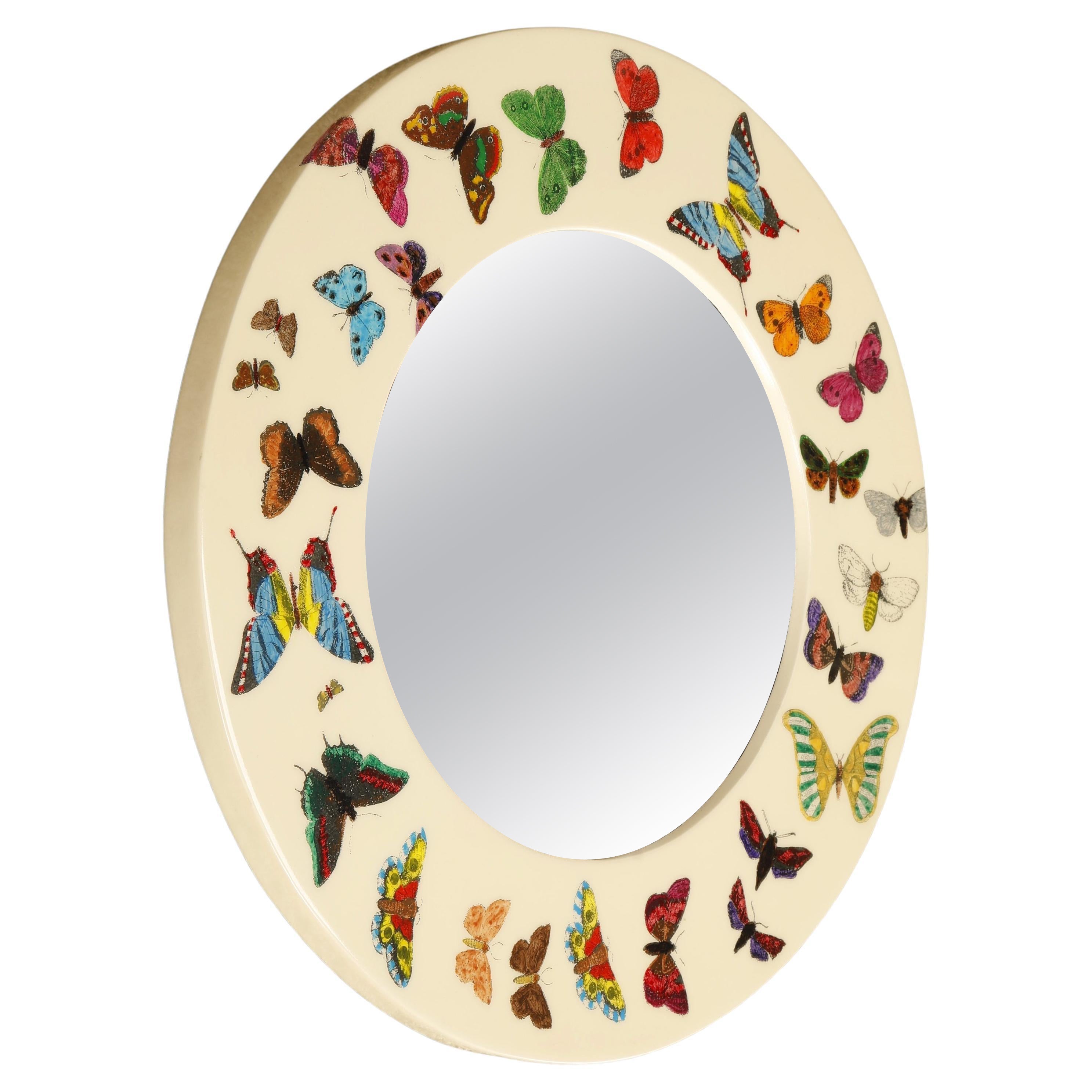 'Butterflies'' Round Mirror by Piero Fornasetti, Signed 