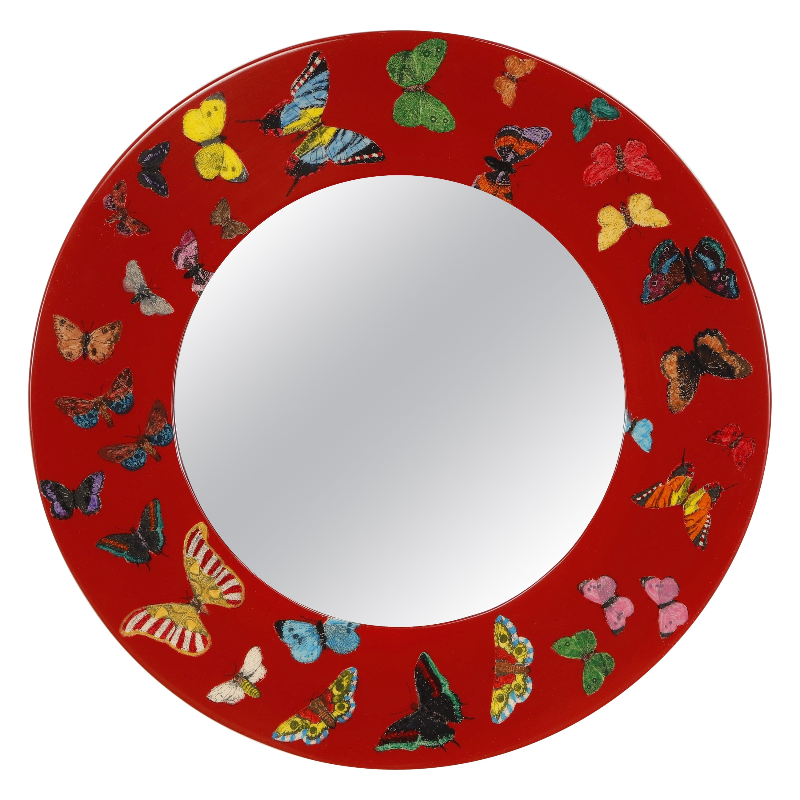 Miroir rond « papillons » rouges de Piero Fornasetti, signé  en vente