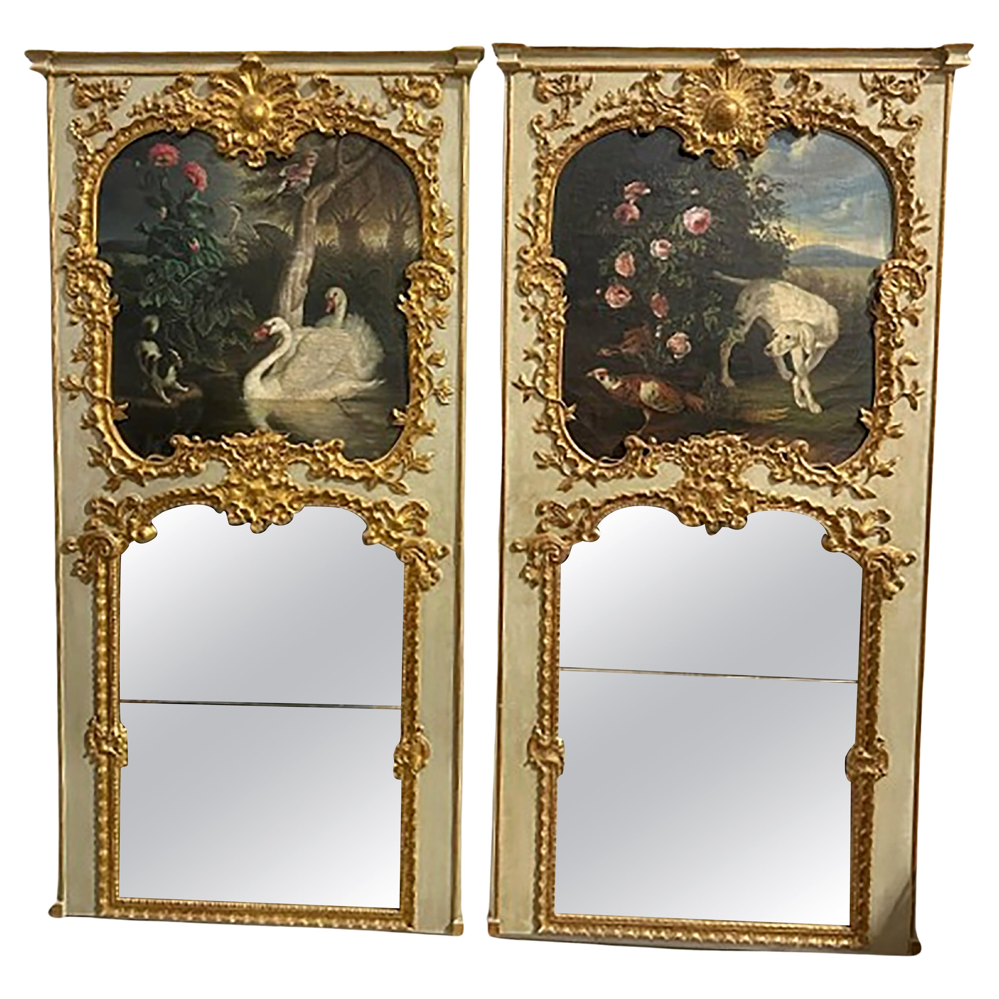 Pair of 18th Century Trumeau Mirrors with a Painted Pastoral Scenes For Sale