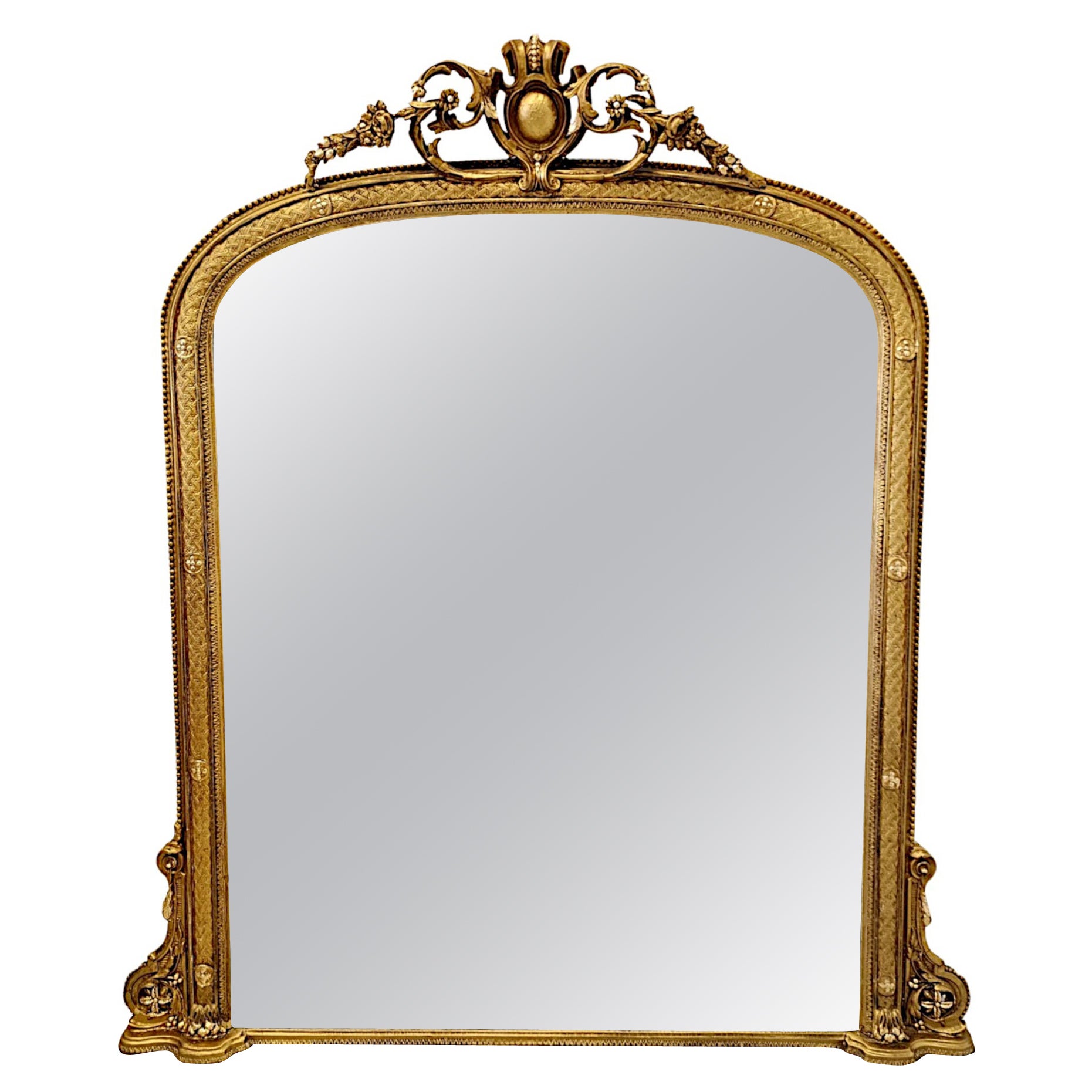 19th Century Giltwood  Archtop Overmantel Mirror with Central Cartouche