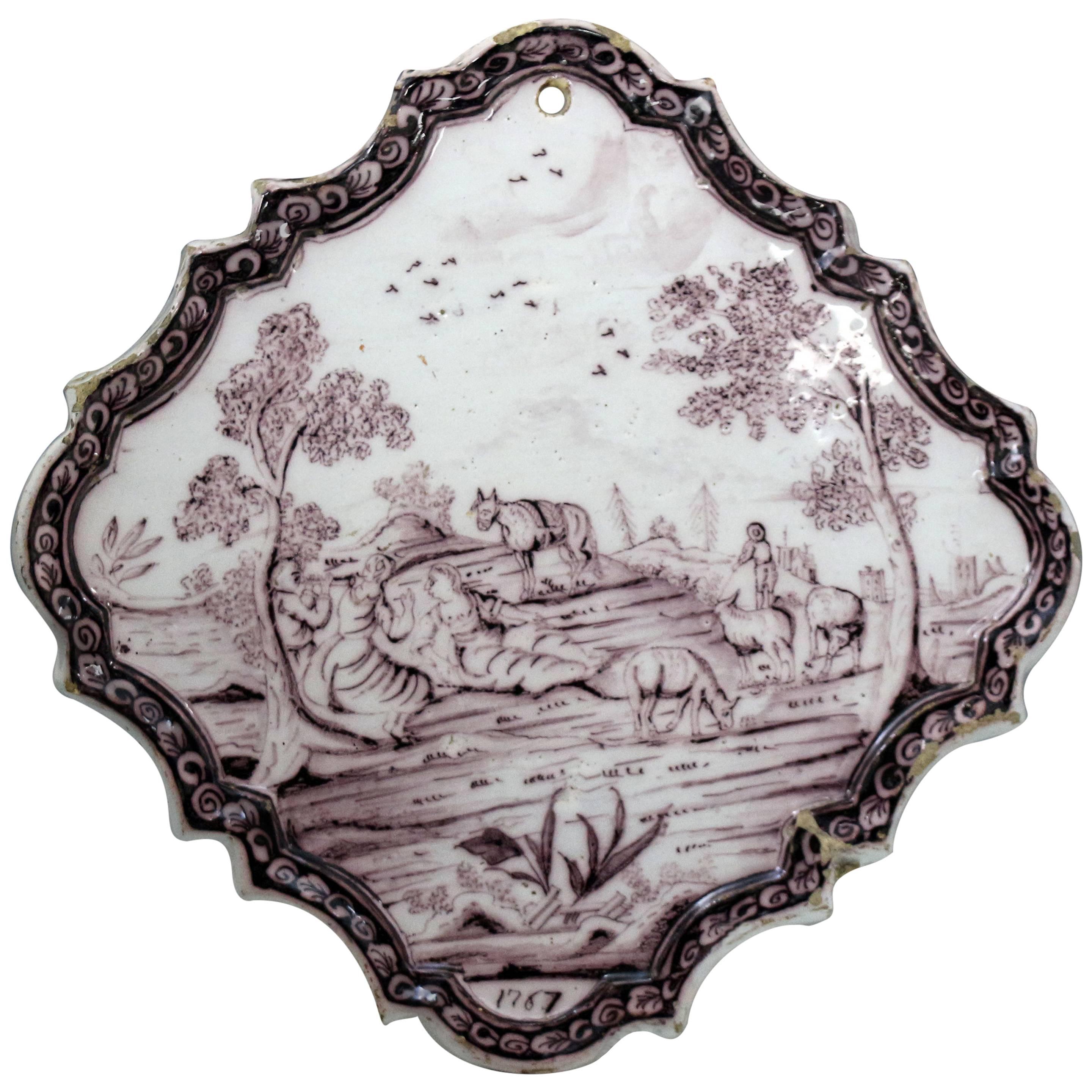 Dutch Delft Manganese Diamond Shaped Plaque with Rural Scene and Dated 1767