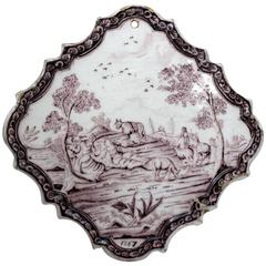 Dutch Delft Manganese Diamond Shaped Plaque with Rural Scene and Dated 1767