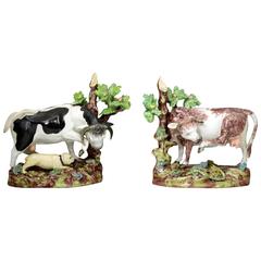 Pair of Antique Staffordshire Pottery Figures of Cows with Tree and Bocage Early