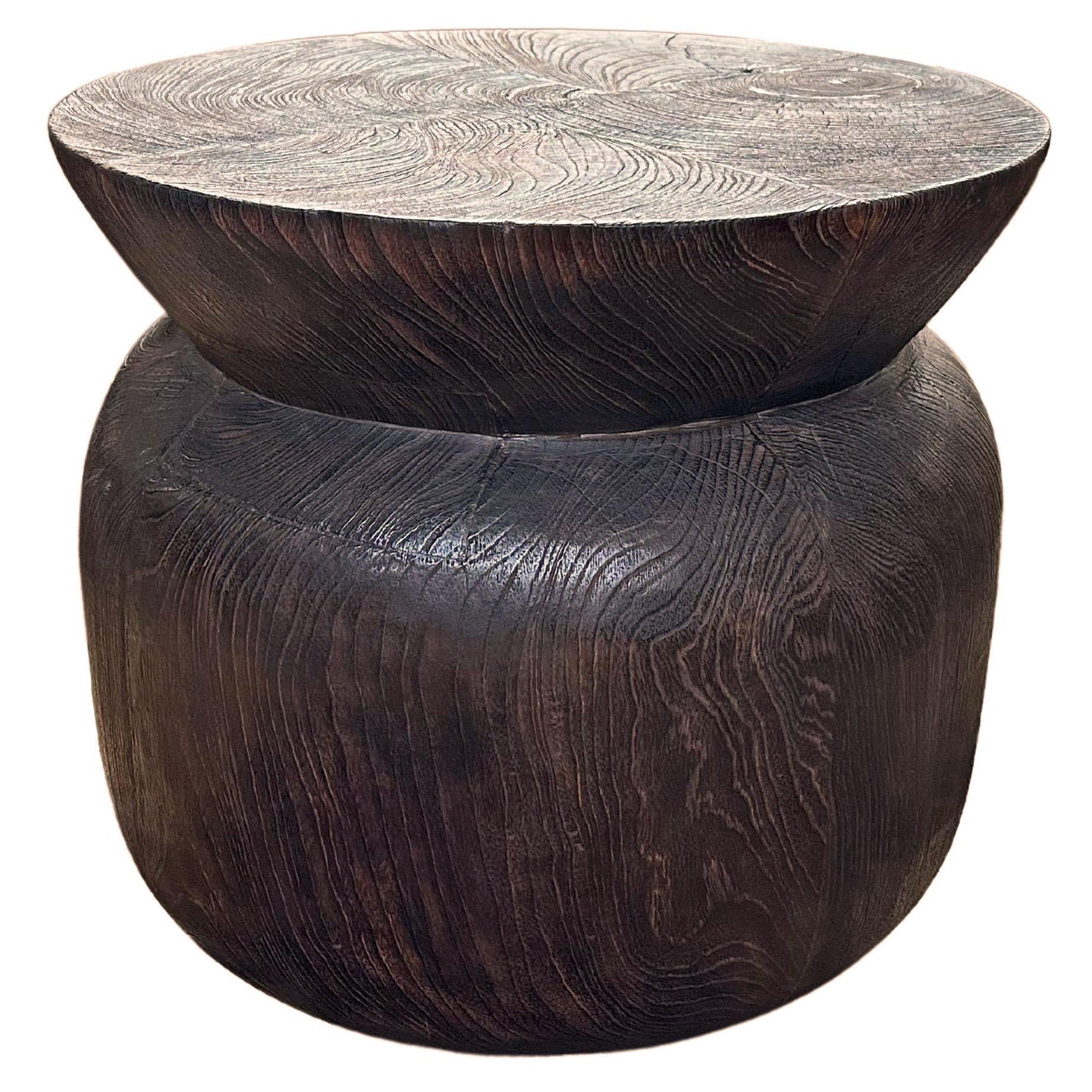 Sculptural Round Teak Wood Side Table, Burnt Finish, Modern Organic