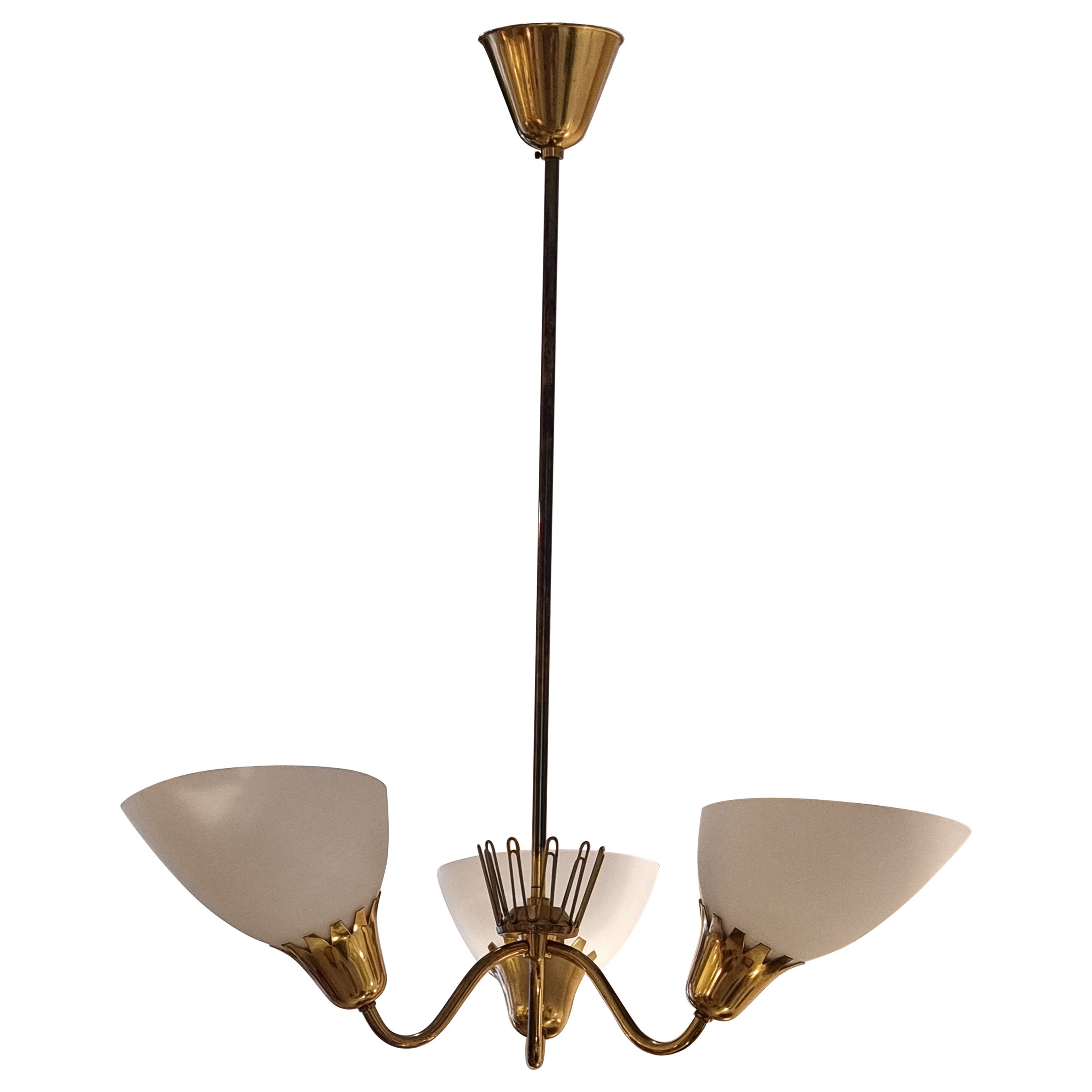 ASEA pendant in brass with glass shades, Scandinavian Modern, Sweden mid-1900s.