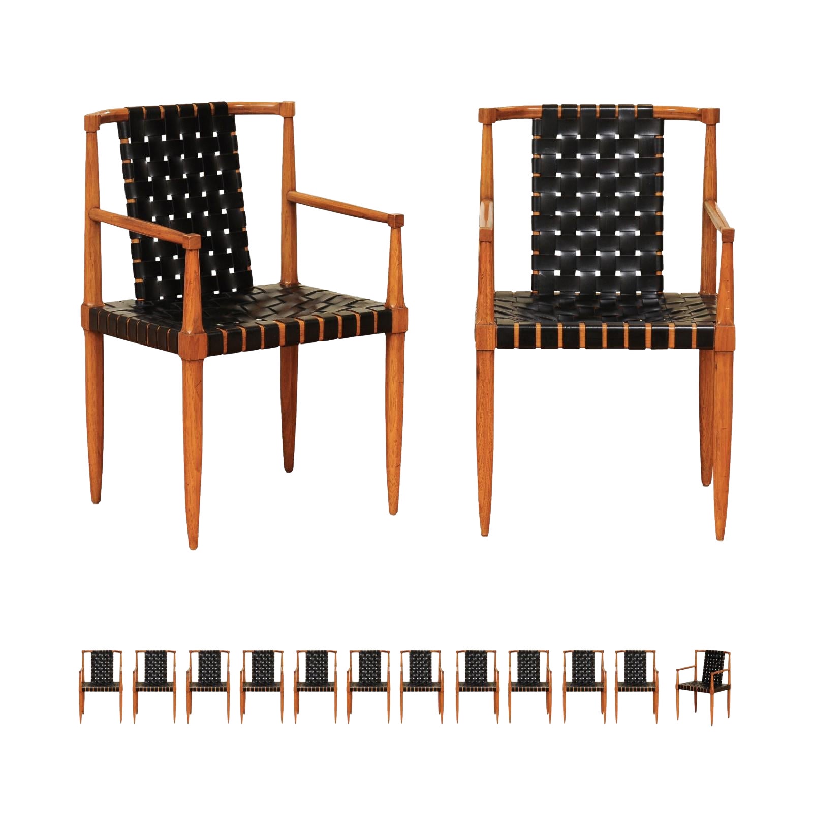 Ensemble miraculeux de 14 chaises ARM à sangles en cuir danois en noyer d'époque, par Tomlinson