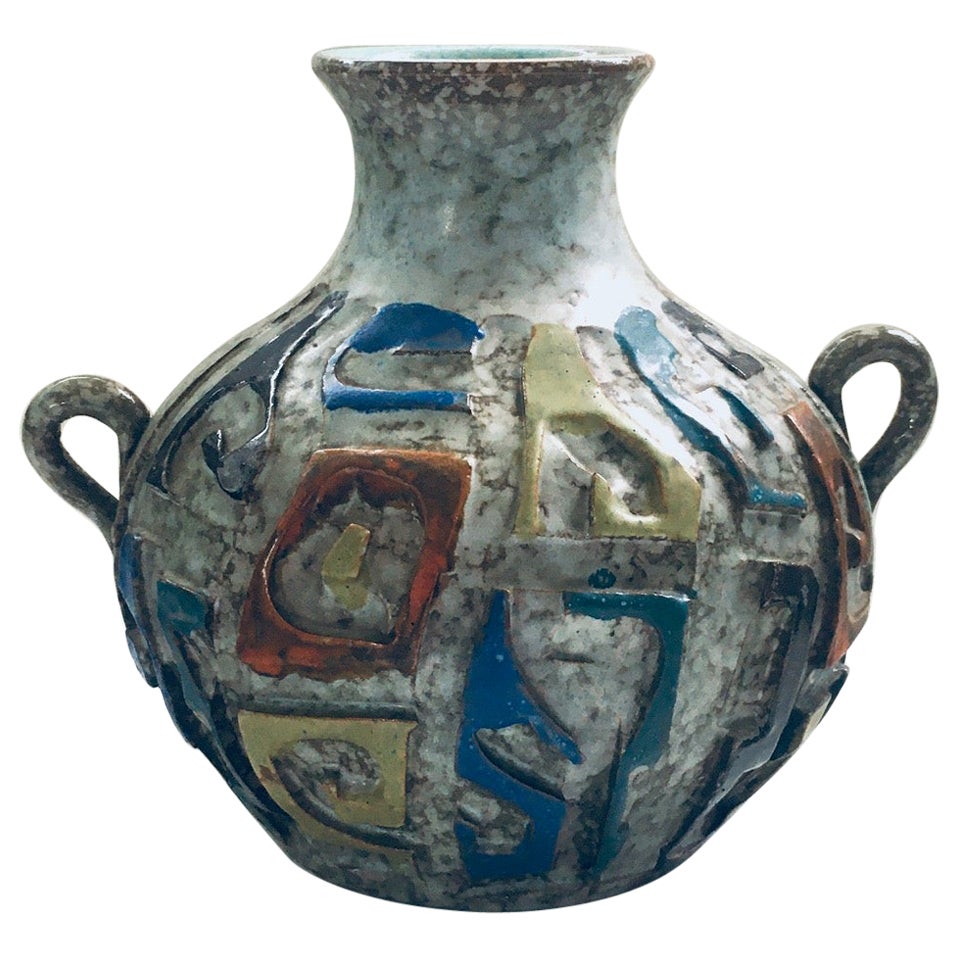 Art Pottery Studio Carved Handle Vase, 1960's Spain