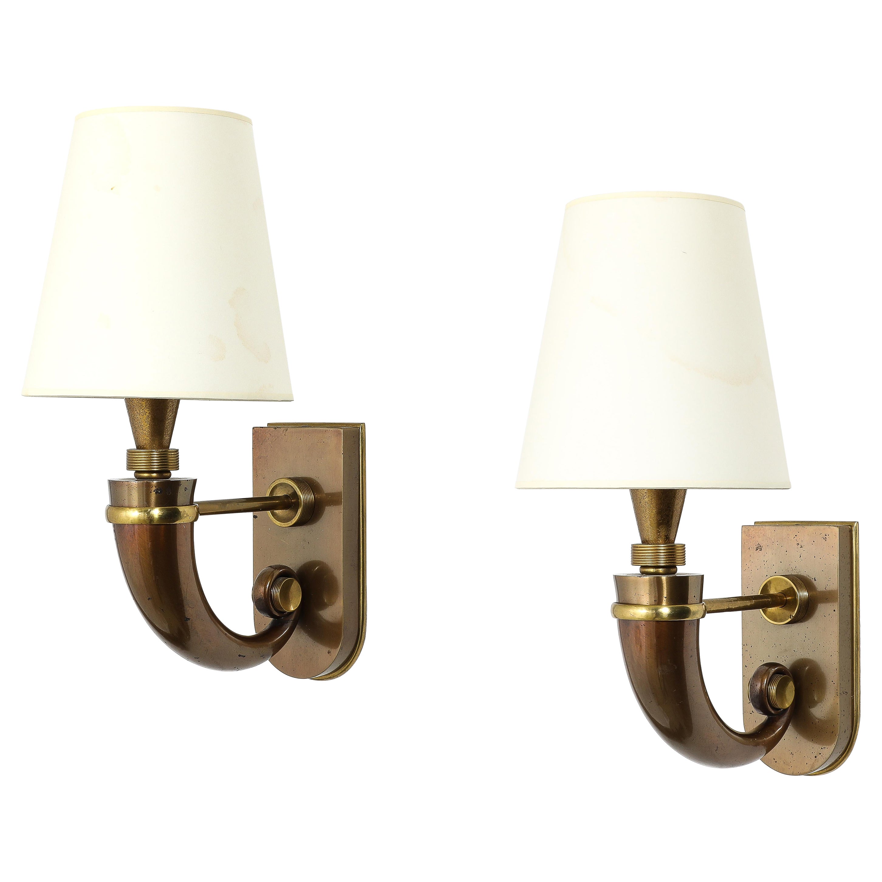 Art Deco Maison Jansen Style Sconces in Patinated Mixed Metals, France 1930’s For Sale