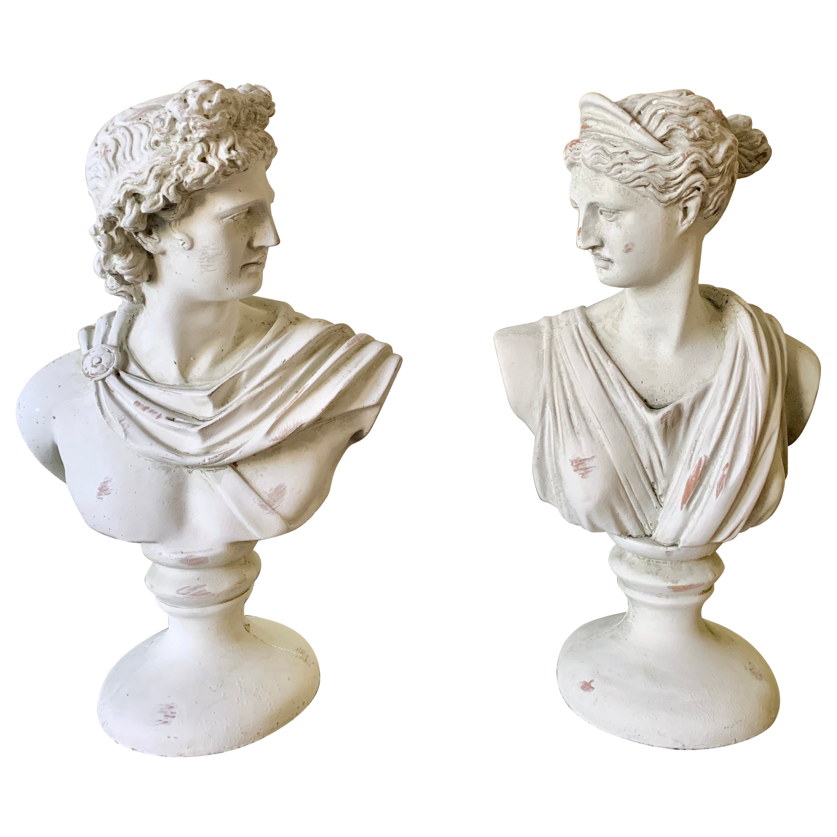 Bustes en plâtre néoclassiques de Diane et d'Apollon Sculptures du Belvedere, paire