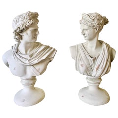 Vintage Neoclassical Plaster Busts of Diana and Apollo Belvedere Sculptures, Pair