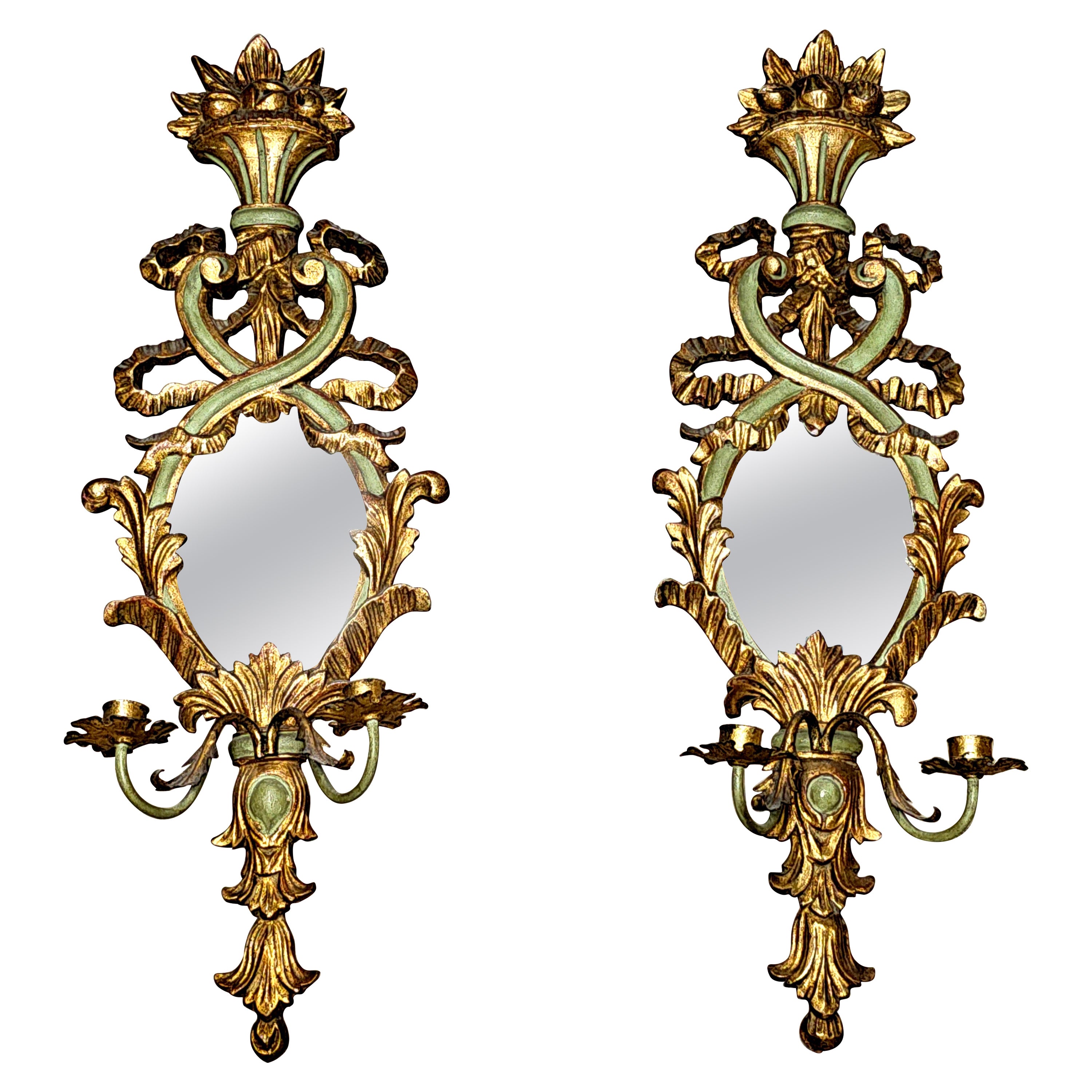 Pair Italian Rococo Gilt Gesso and Parcel Green Painted 2-Light Mirrored Sconces For Sale