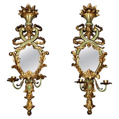 Retro Pair Italian Rococo Gilt Gesso and Parcel Green Painted 2-Light Mirrored Sconces