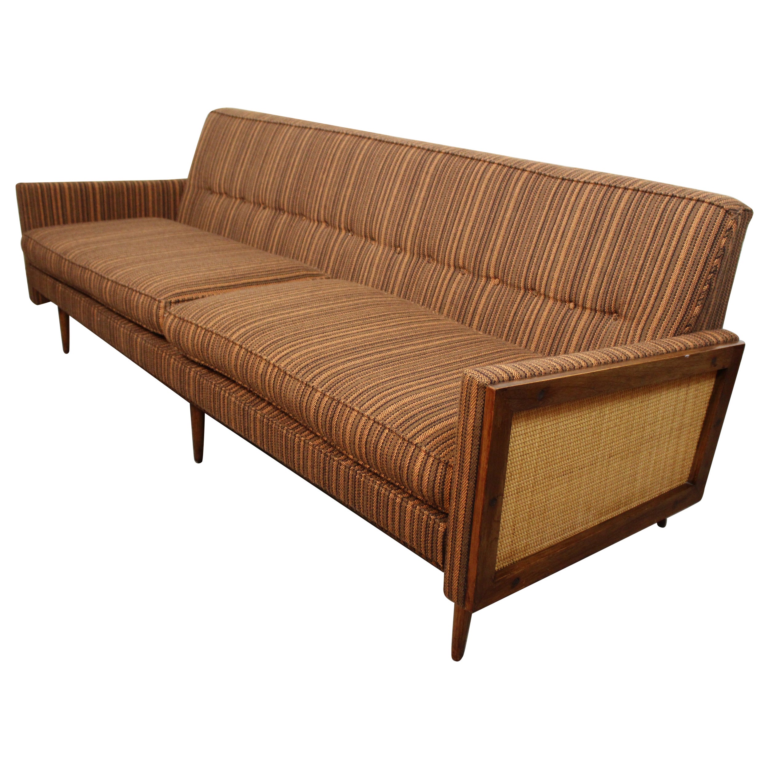 Mid-Century Atomic Era Tweed + Rattan Sofa For Sale