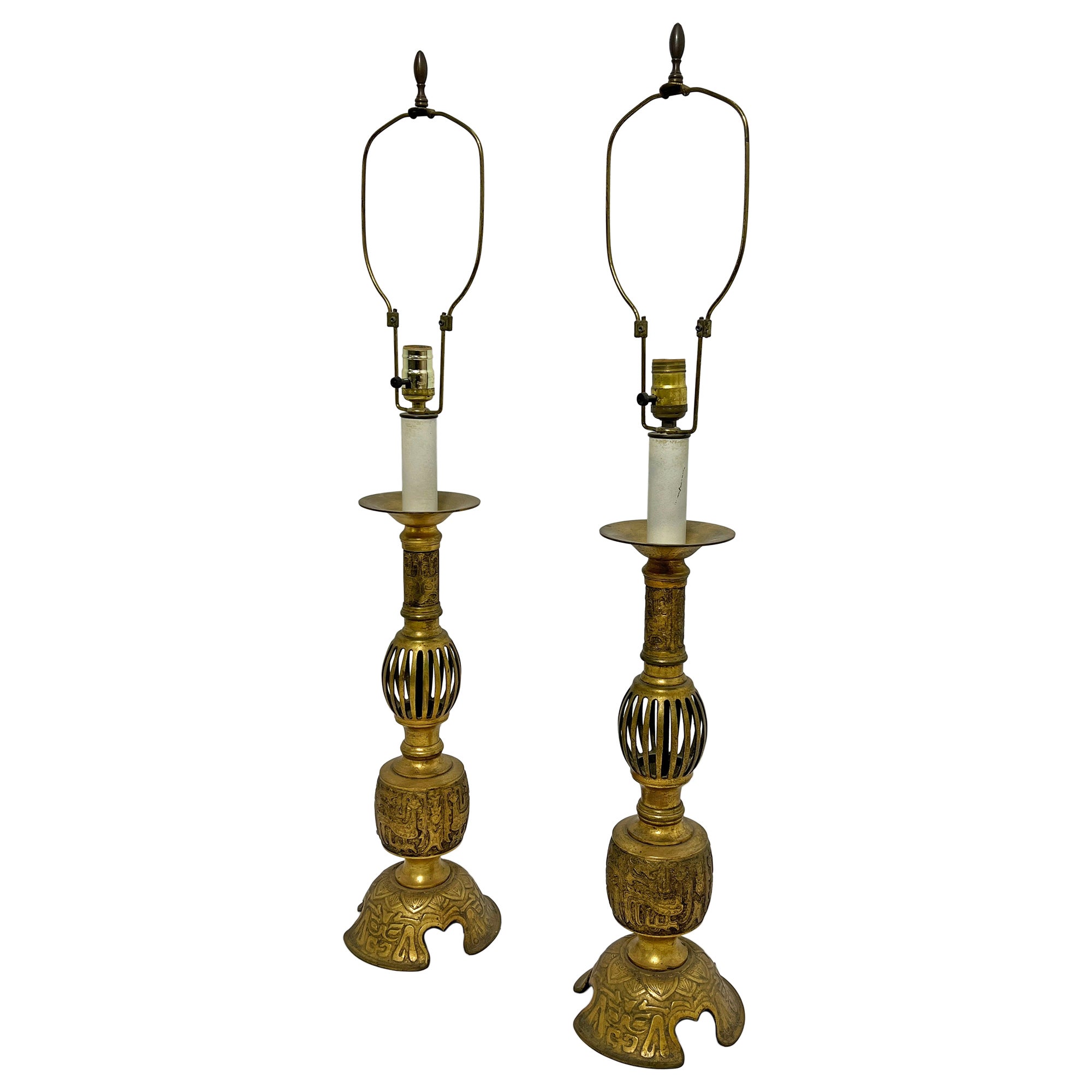 Pair of Antique 19th Century Chinese Bronze Candlestick Lamps For Sale