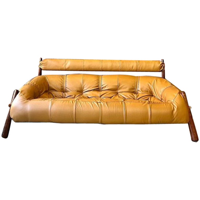 1970’s Brazilian MP81 Wood and Leather Sofa by Percival Lafer For Sale