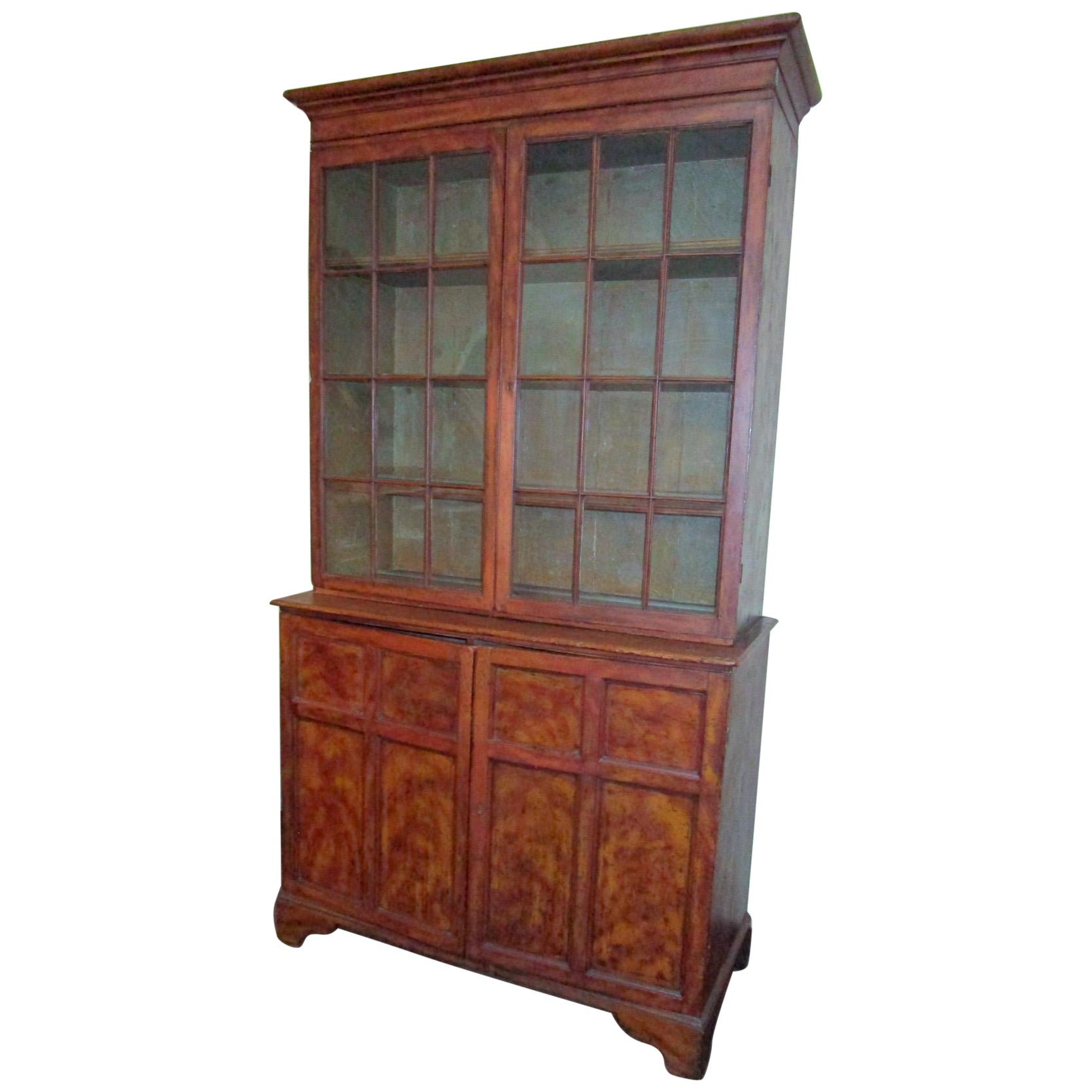 English Pine Faux Mahogany Painted Cupboard w/24 Handblown Glass Panels 1820c For Sale