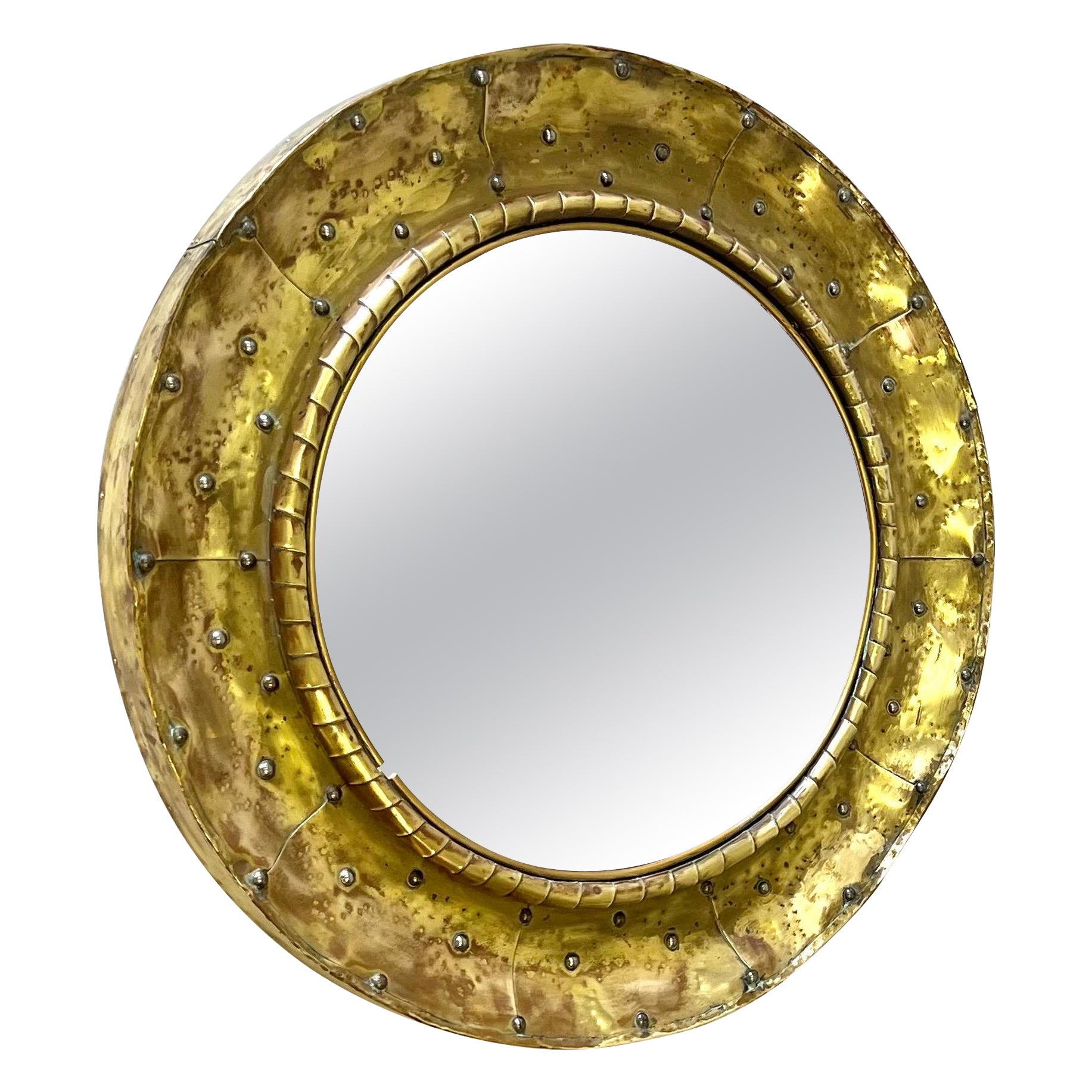 French Mid-Century Modern Craftsman Round, Brass & Copper Mirror, Paris, 1970 For Sale