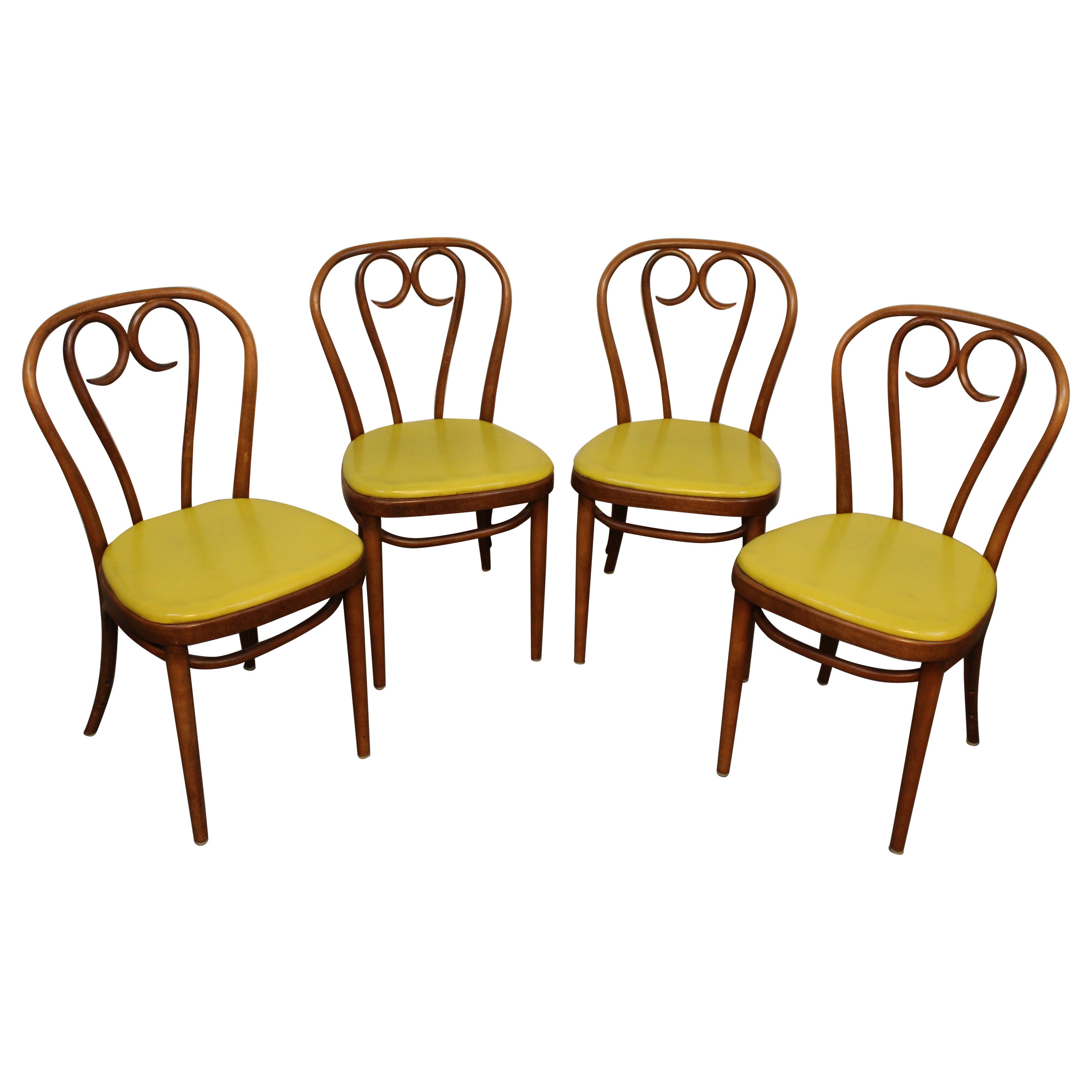 Vintage Mustard Leatherette Bentwood Bistro Chairs after Thonet For Sale