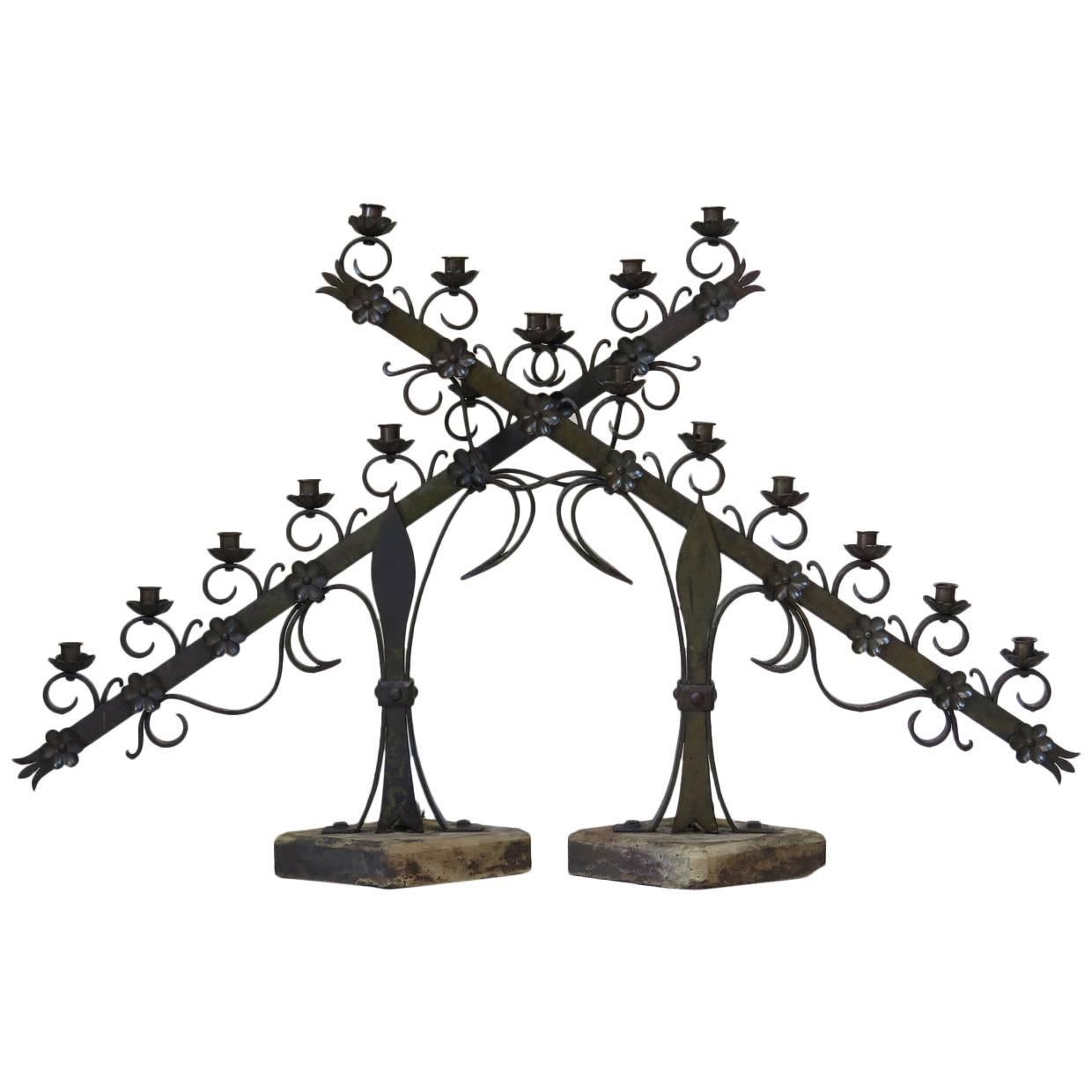 Large Pair of Ecclesiastical Iron Candleholders, France, Early 20th Century For Sale