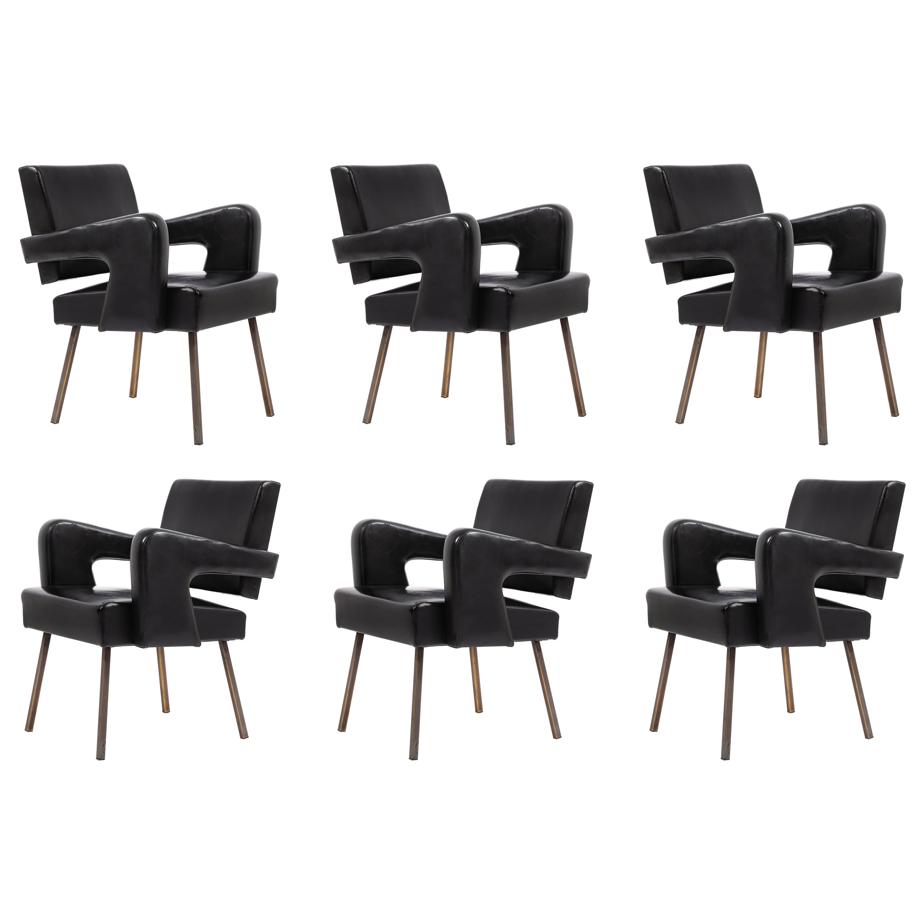 Jacques Adnet Black Vinyl & Brass Armchairs, France 1950's For Sale