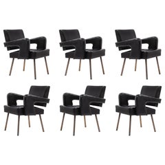 Vintage Jacques Adnet Black Vinyl & Brass Armchairs, France 1950's