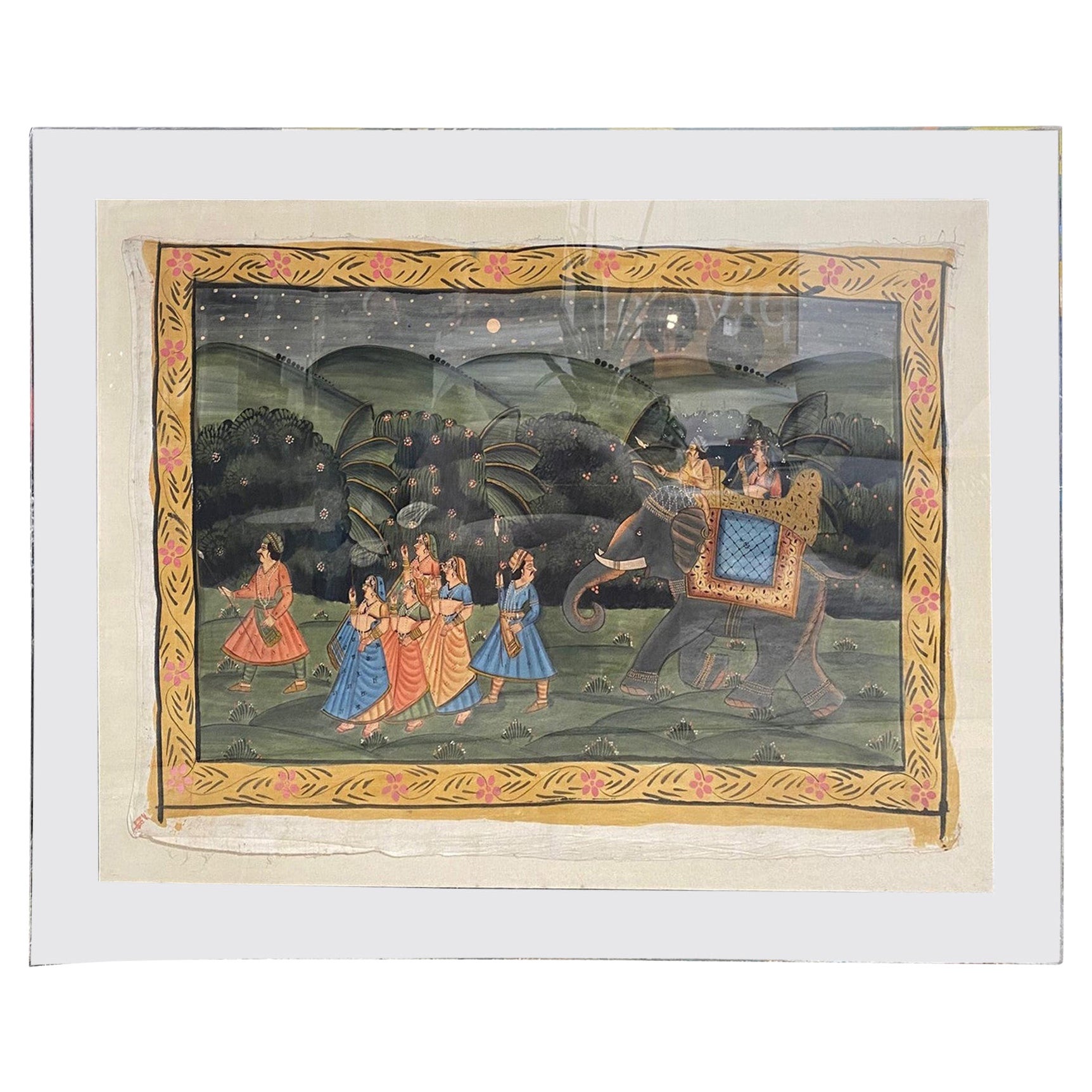 Grande dipinto di processione di elefanti dell'India meridionale asiatica originale di Pichwai