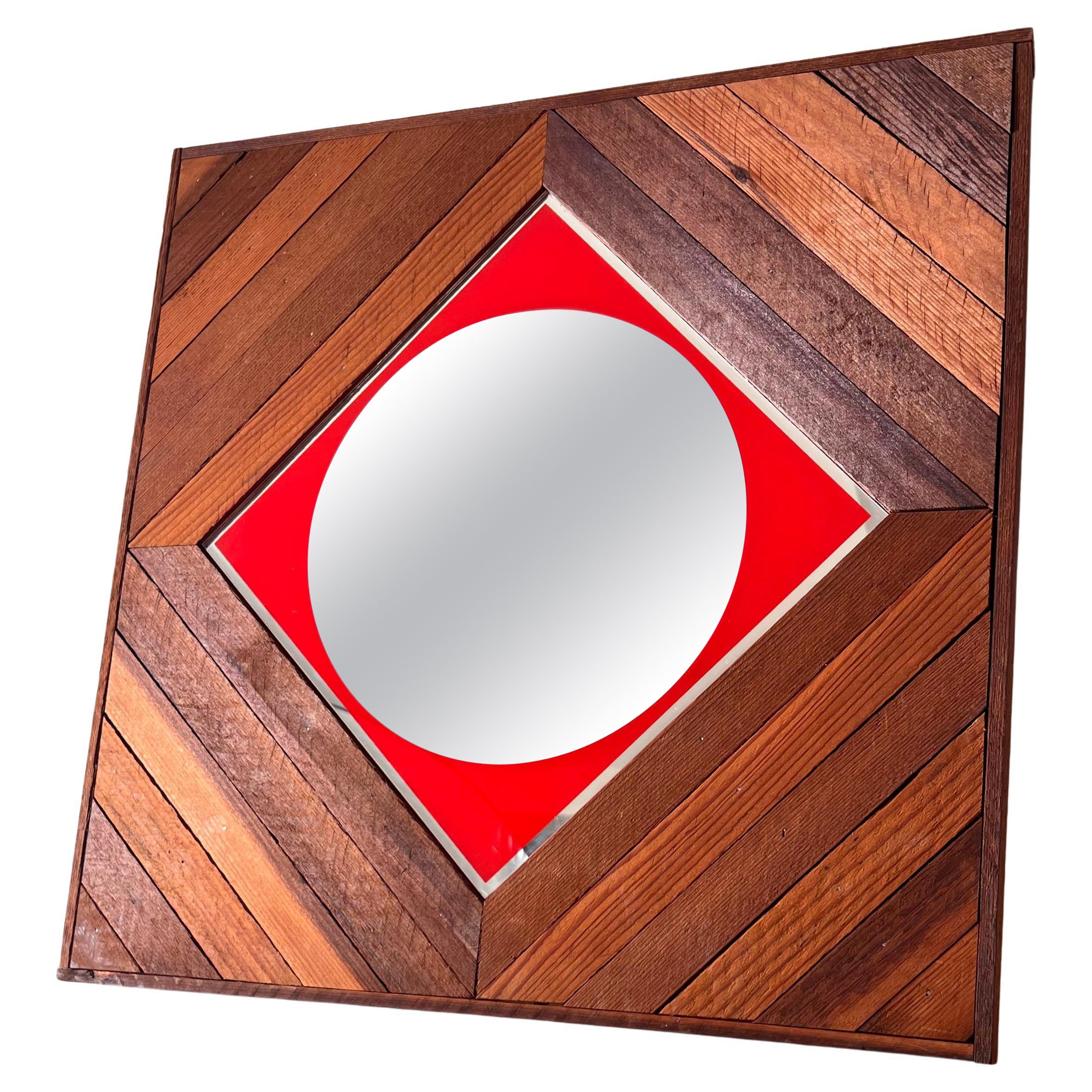 Mid century / modernist wood and red color block wall mirror, early 1960s For Sale