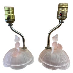 Antique Pair of Pink Toned Southern Belle Table Lamps With Frosted Glass Base.