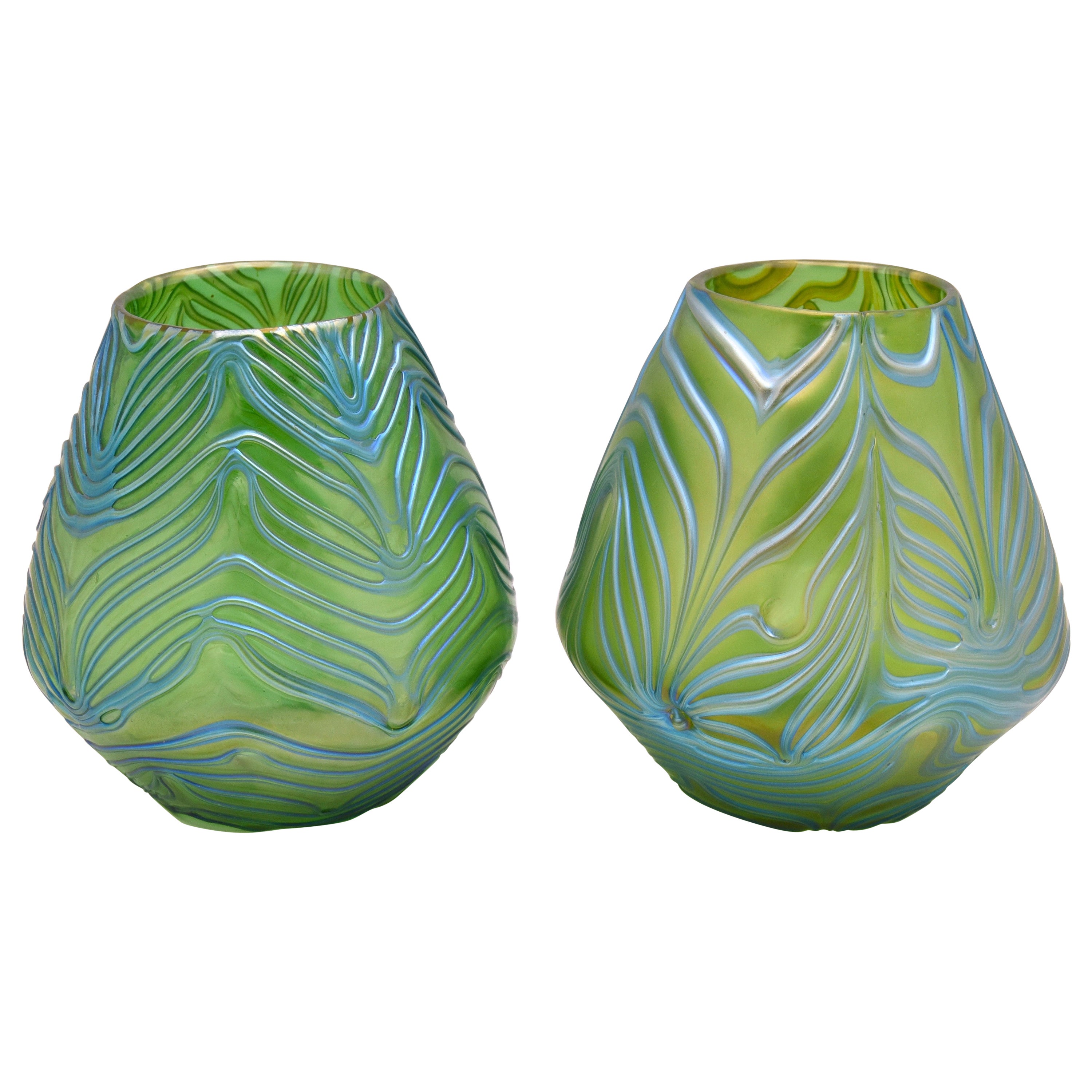 Pair Hand Blown Loetz Art Nouveau Vases w/ Turquoise and Green Iridescence