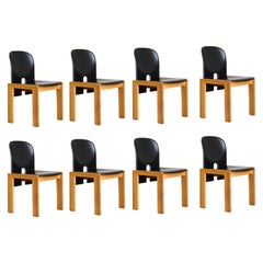 8 Scarpa 121 Stühle aus schwarzem Leder und blassem Holz für Cassina Italien, 1960er Jahre